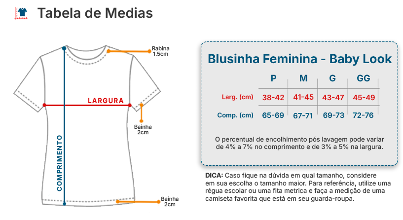 Tabela de Medidas Blusinha Baby Look - Narua25