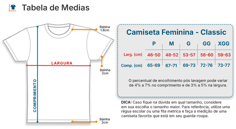 Tabela de Medidas Camiseta Classica Feminina - Narua25