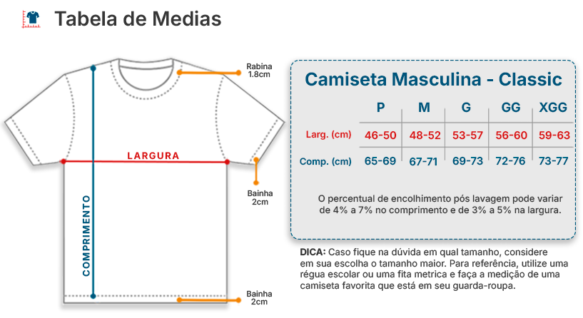 Tabela de Medidas Camiseta Masculina Classica - Narua25