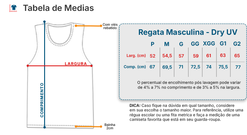 Tabela de Medidas Camiseta Regata Masculina Dry UV- Narua25