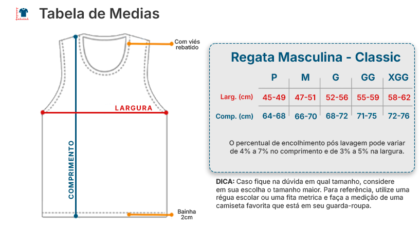 Tabela de Medidas Camiseta Regata Masculina - Narua25