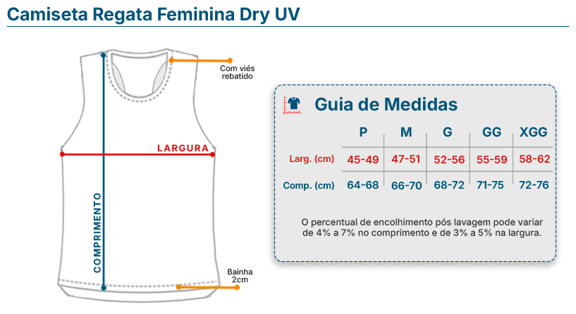 Tabela de Medidas Camiseta Regata Feminina Dry UV