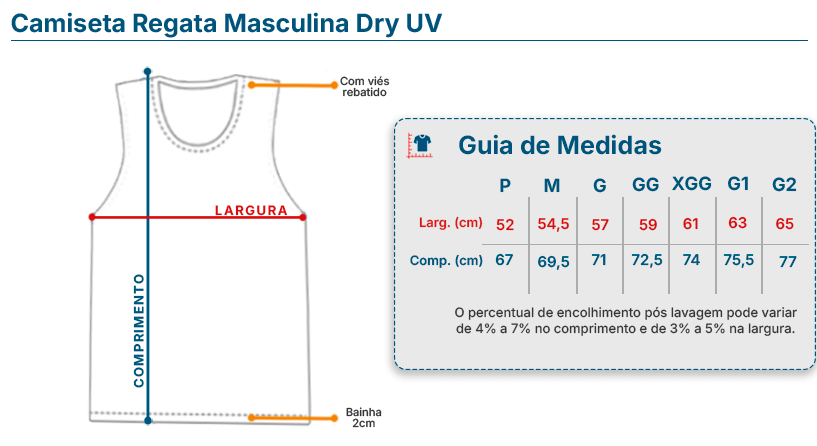 Tabela de Medidas Camiseta Regata Masculina Dry UV